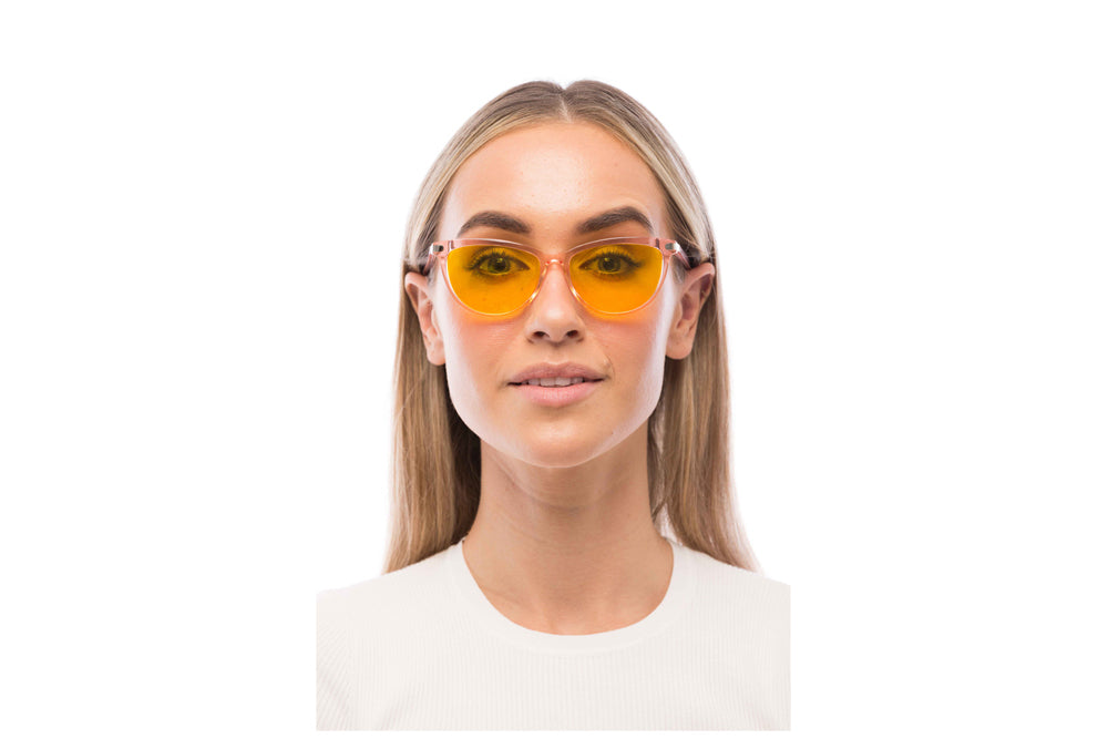 Woman Wearing Melissa Light Sensitivity Glasses Readers