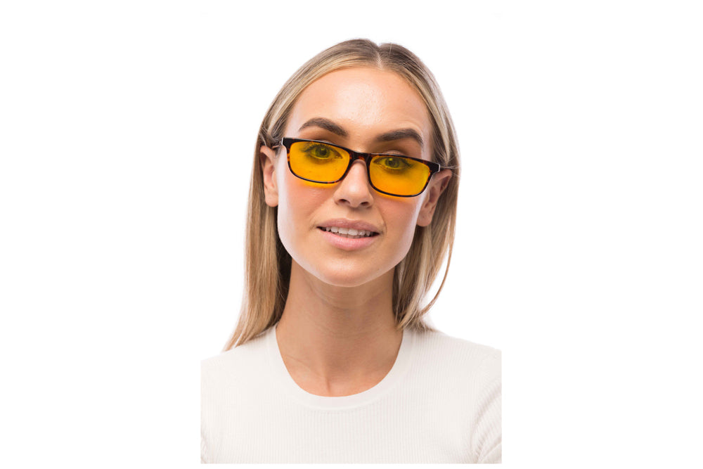 Woman Wearing Tortoise Shell Light Sensitivity Glasses Prescription