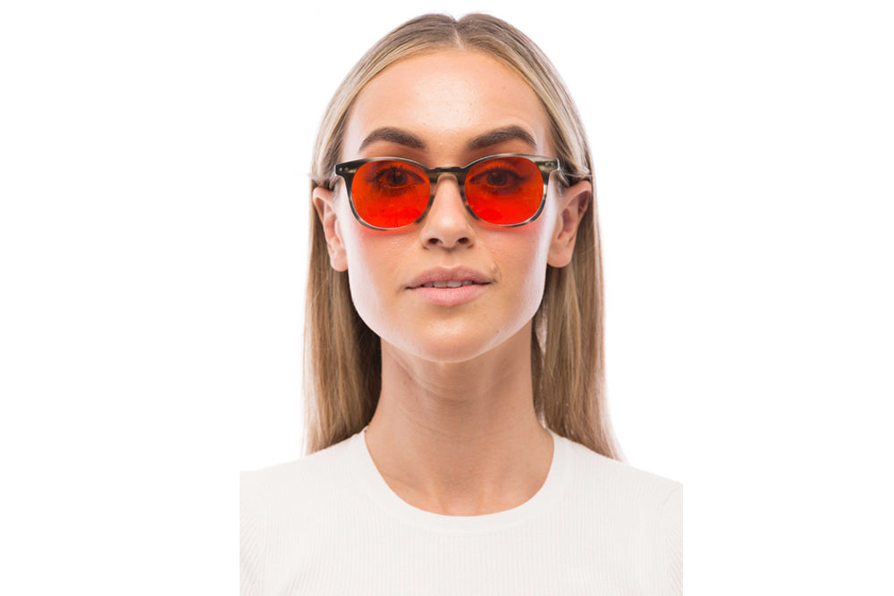 Woman Wearing Arrow Blue Light Blocking Glasses