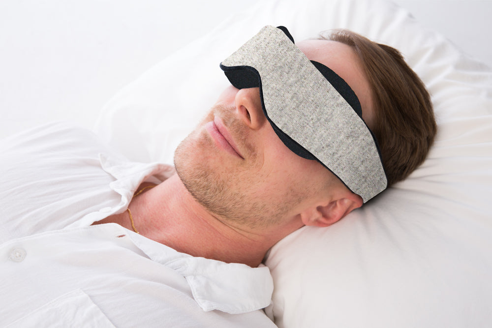Man Wearing Cotton Blackout Sleep Mask