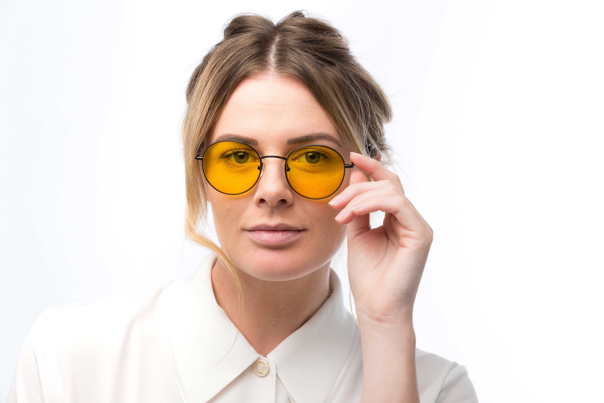 Woman Wearing Lennon Light Sensitivity Glasses Prescription